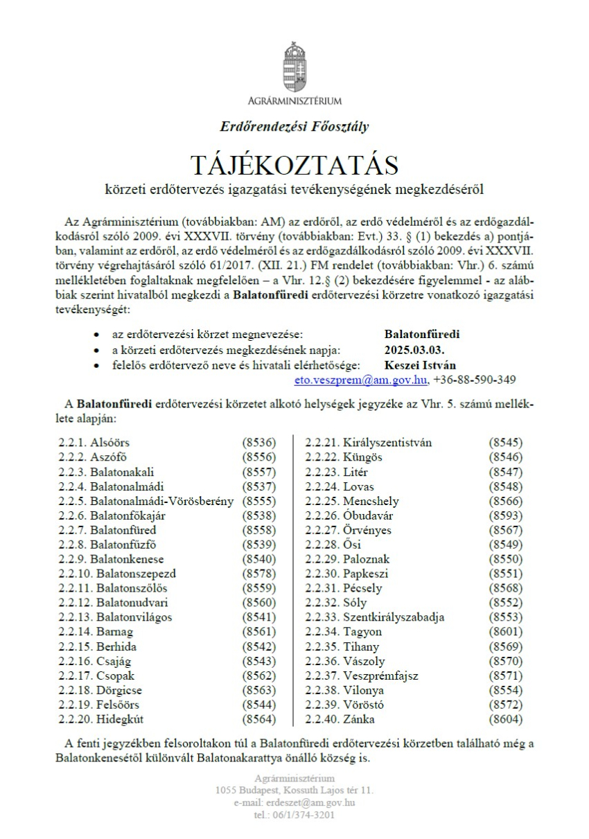 Tájékoztatás körzeti erdőtervezés igazgatási tevékenységének megkezdéséről