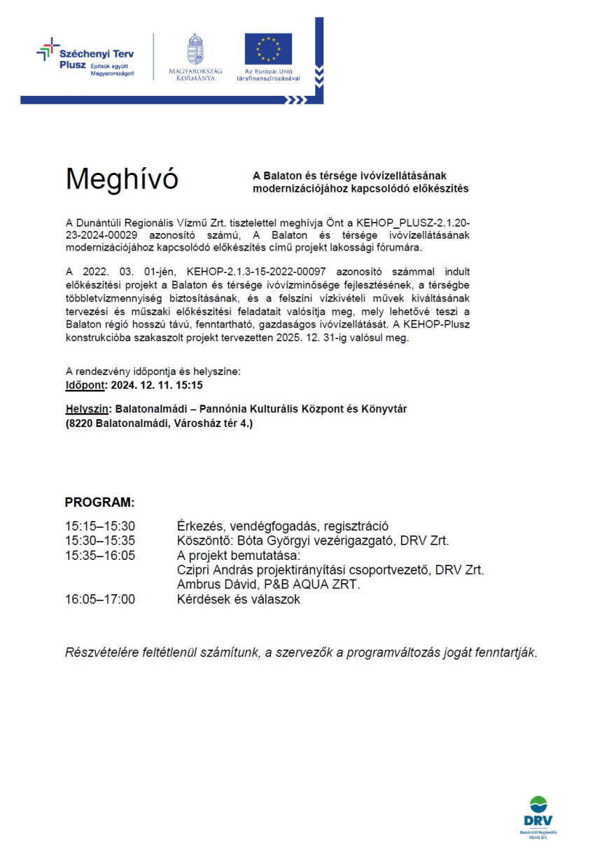 Meghívó lakossági fórumra - "A Balaton és térsége ivóvízellátásának modernizációjához kapcsolódó előkészítés"